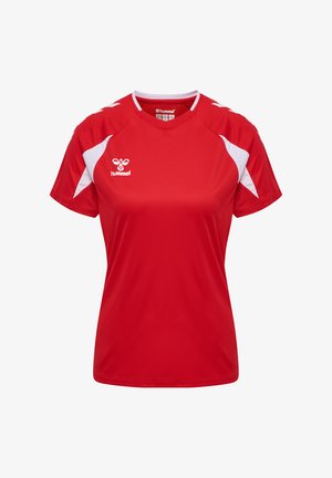 Maglia sportiva rossa a maniche corte con inserti bianchi sui lati e sulle spalle, colletto a V e logo hummel bianco sul petto sinistro.