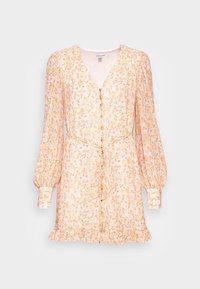 Kleid mit Blumenmuster in hellen Pfirsichtönen. Verfügt über lange Puffärmel, einen V-Ausschnitt, eine Knopfleiste und einen gerafften Saum mit einem Kordelzug in der Taille.