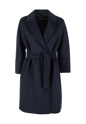 Manteau en mélange de laine bleu marine avec un large col, des manches longues et une taille ceinturée. Comprend des poches latérales et un ourlet droit.