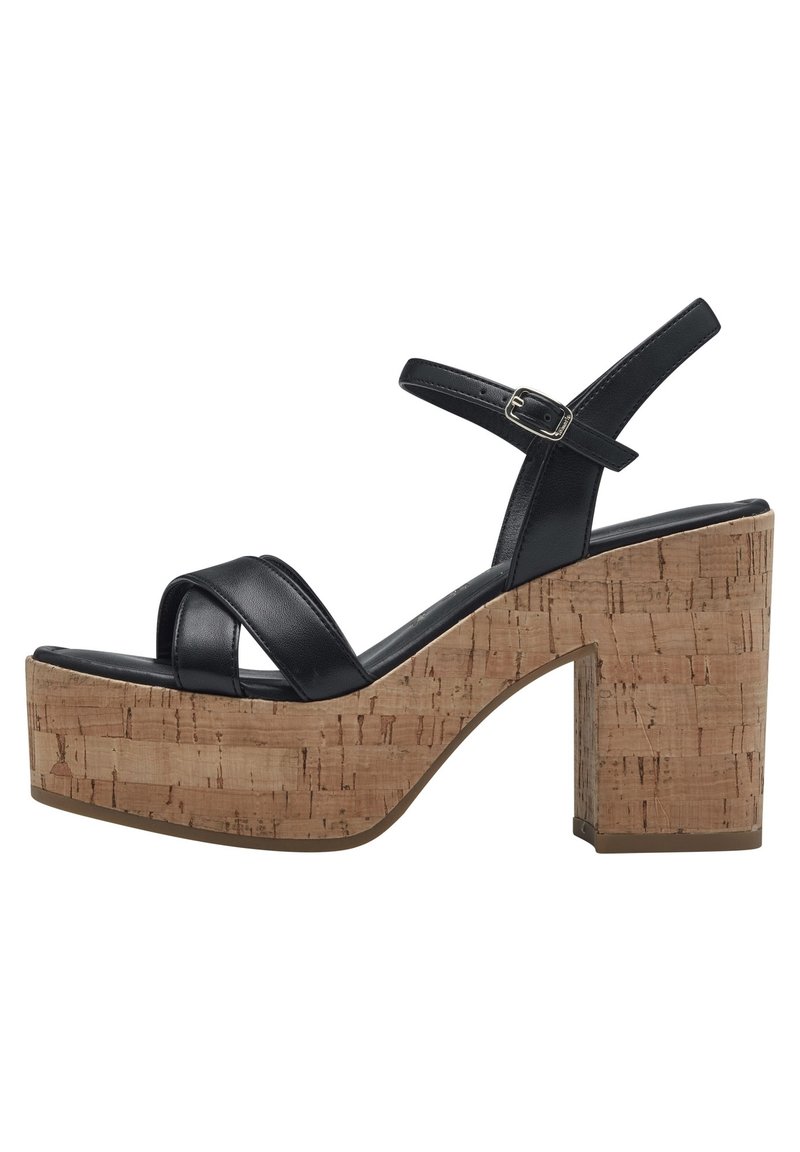 Black leather platform sandals with cork-textured block heel. Features two straps over the front and an adjustable ankle strap.