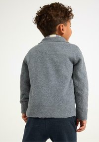 Szary wełniany sweter z prążkowanym dołem i mankietami, o miękkiej fakturze i szalowym kołnierzem. Tył prezentuje prosty, klasyczny design.