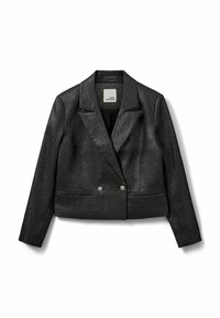 Zwarte cropped blazer met een subtiele glans, notch lappen, twee decoratieve bloemblaadjesknopen en voorzakken met bies.