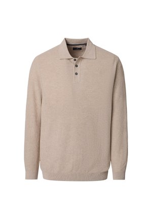 Beiger Polo-Pullover mit langen Ärmeln, drei schwarzen Knöpfen sowie gerippten Bündchen und Saum.