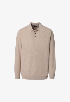 Beiger Polo-Pullover mit langen Ärmeln, drei schwarzen Knöpfen sowie gerippten Bündchen und Saum.