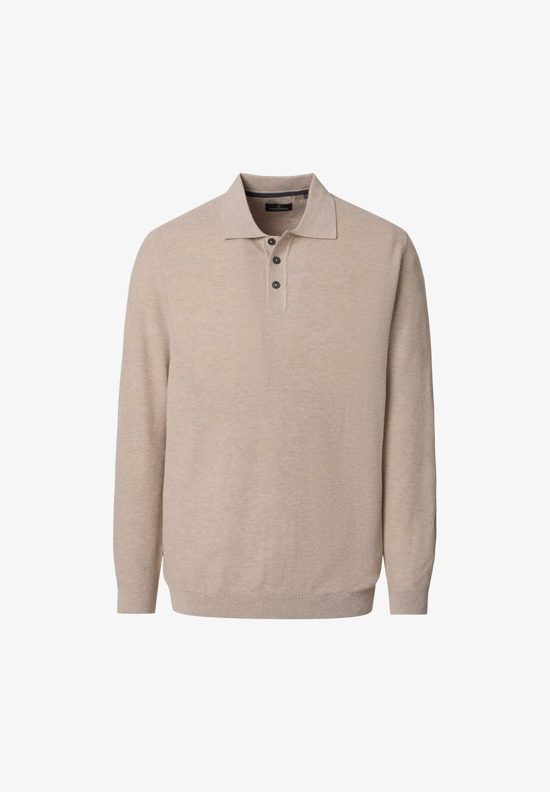 Beige poloshirt met lange mouwen, voorzien van drie zwarte knopen en geribbelde boorden aan de mouwen en zoom.