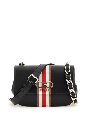 Zwarte schoudertas met verticale strepen in rood, wit en bruin, zilveren "G"-logo, verstelbare leren riem en kettingdetail.