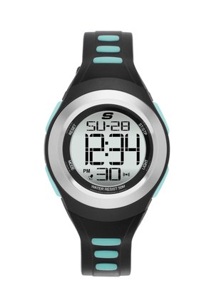 Digitale sporthorloge met zwart en turquoise bandje, ronde zilveren rand, toont 12:34 PM, datum zondag 28, en waterbestendig tot 50 meter.