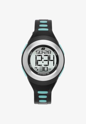 Digitale sporthorloge met zwart en turquoise bandje, ronde zilveren rand, toont 12:34 PM, datum zondag 28, en waterbestendig tot 50 meter.