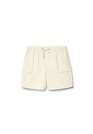 Pantaloncini cargo beige chiaro con fascia elastica in vita, coulisse, tasche laterali e tasche con patta su entrambe le gambe, mostrati su uno sfondo bianco.