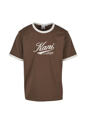 Karl Kani, CURSIVE VARSITY REGULAR RINGER T-SHIRT - Triko s potiskem - brown/offwhite