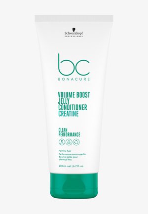 Weiße Tube mit grünem Klappdeckel, beschriftet mit "BC Bonacure Volume Boost Jelly Conditioner Creatine", enthält 200 ml und ist für feines Haar konzipiert.
