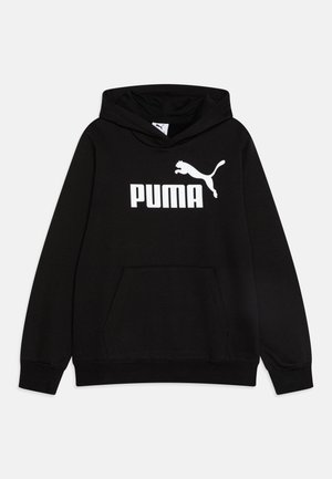 Melnā kapuce, kas izgatavota no mīksta auduma, ar kenguru kabatu, elastīgām aprocēm un baltu PUMA logotipu priekšā ar lēkājoša kaķa dizainu.