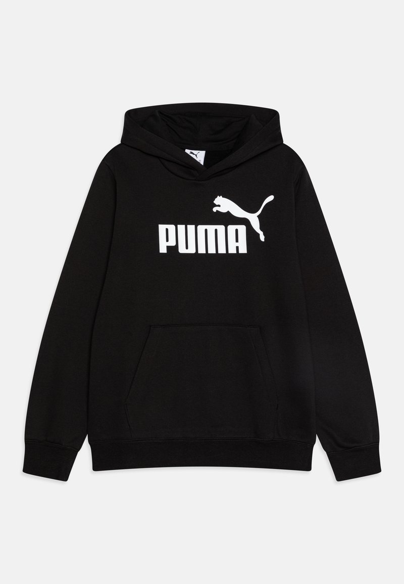 Svart hettegenser laget av mykt stoff, med kengurulomme, elastiske mansjetter og hvit PUMA-logo på forsiden med design av en hoppende katt.