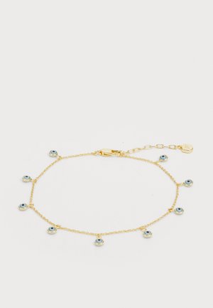 Gold chain bracelet featuring round turquoise evil eye motifs evenly spaced along the length, with a lobster clasp and adjustable chain.