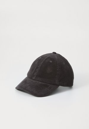 Black corduroy cap with a curved brim, six ventilation holes, and a rounded shape, featuring a textured surface.