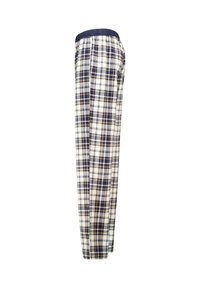Heren geruite pyjamabroek van een katoenmix, met een marineblauwe elastische tailleband, een crèmekleurige basis en een ruitpatroon in marineblauw, bruin en beige.