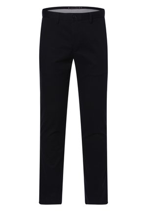 Navyblaue Hose aus glattem Stoff, mit Knopfverschluss, normalen Taschen und geradem Bein. 