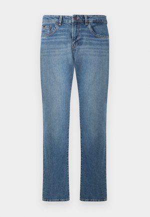 Plave traperice ravnog kroja s gumbom i patentnim zatvaračem sprijeda, dizajn s pet džepova i suptilnim izblijedjelostima na bedrima.