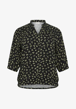 Zwarte blouse met een V-hals, 3/4 mouwen en een bloemmotief in lichtgeel. Losse fit en lichte stof met een licht gebogen zoom.