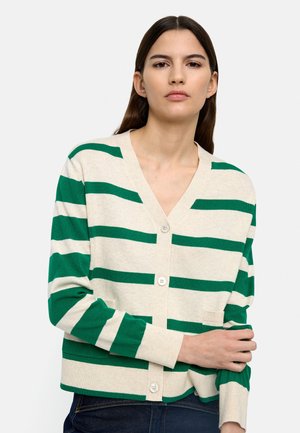 Kobieta ubrana w beżowo-zielony sweter na guziki w paski z długimi rękawami, stoi z jedną ręką skrzyżowaną na drugą.