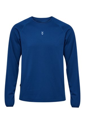 Blauw overhemd met lange mouwen, gemaakt van getextureerd materiaal. Heeft een ronde halslijn en een klein wit logo op de borst. Elastische manchetten.