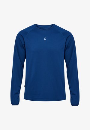 Langärmeliges, blaues Hemd aus strukturiertem Material. Es verfügt über einen runden Halsausschnitt und ein kleines weißes Logo auf der Brust. Elastische Bündchen.