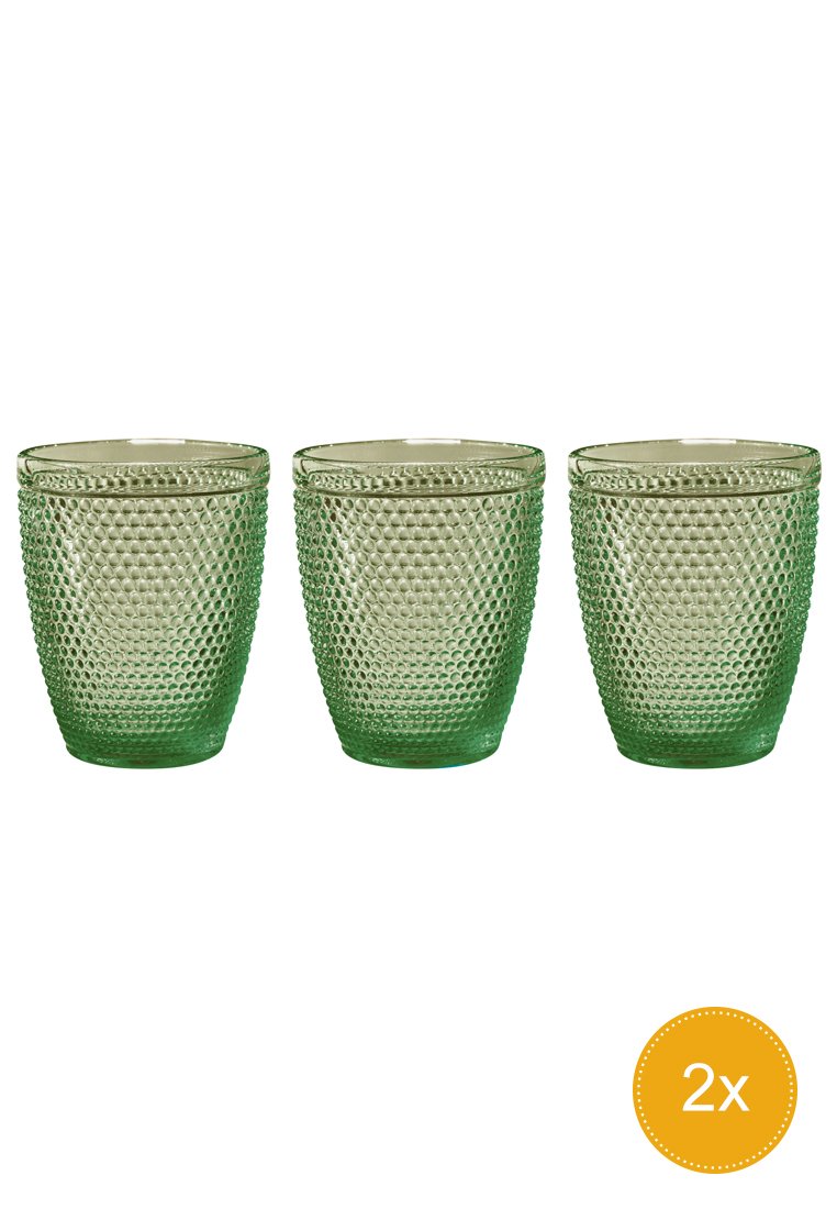 Set di tre bicchieri in vetro verde con un motivo testurizzato a nido d'ape, forma leggermente conica e finitura traslucida.