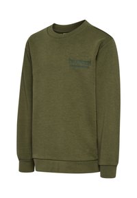 Olivgrüner Sweatshirt mit Rundhalsausschnitt, langen Ärmeln und strukturiertem Stoff. Verfügt über ein dezentes, eingeprägtes Logo auf der linken Brustseite.