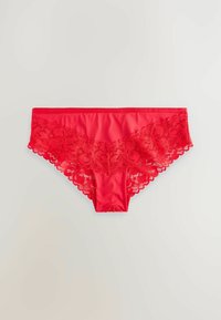 Perizoma da donna in pizzo rosso e raso, caratterizzato da un bordo in pizzo floreale, bordi a onda e un corpo in raso liscio con un design a vita bassa.