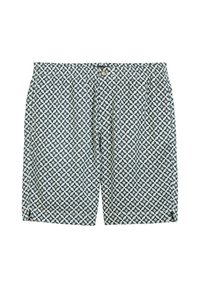 Patterned swim shorts featuring a white base with a dark green star design. Elastic waistband with a button closure. Soft, lightweight fabric.