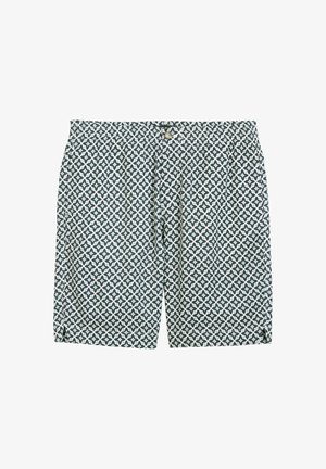 Gemusterte Badeshorts mit weißem Grund und einem dunkelgrünen Sternenmotiv. Elastischer Bund mit Knopfverschluss. Weicher, leichter Stoff.