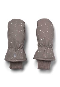 Pruunid kinnased läikiva viimistlusega, hõbedaste tähe mustritega, elastsete paeltega ja pehme kudumisega randmeosaga, et tagada soe ja mugav istuvus.