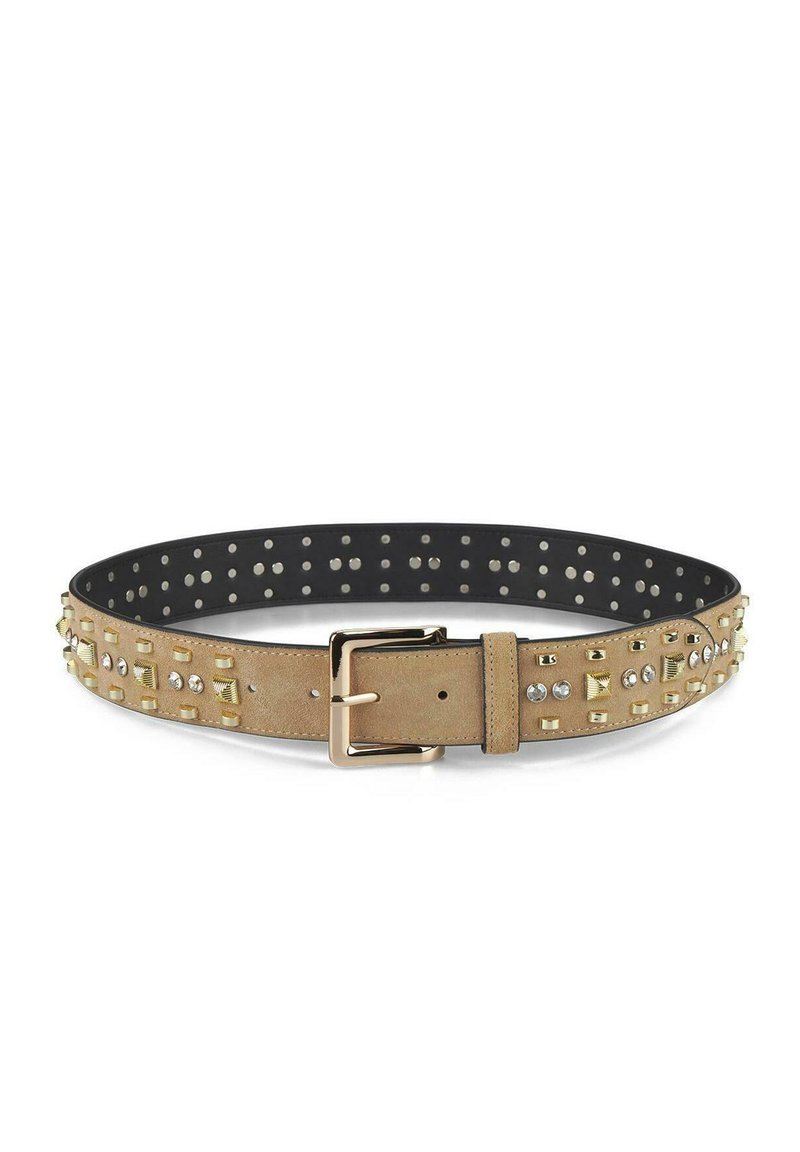 Tansuede riem met een zwarte onderkant, versierd met gouden studs en heldere rhinestones, voorzien van een metalen gesp en verstelbare maat.