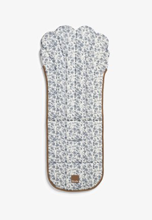 Vatteret klapvognsindlæg med blåt blomsterprint på hvid baggrund og brune kanter, med Elodie-mærket nederst i midten.