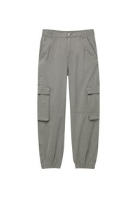 Pantalon cargo gris avec une ceinture élastique, deux poches latérales et deux grandes poches sur les cuisses. Ourlets resserrés aux chevilles. Fabriqué en coton.
