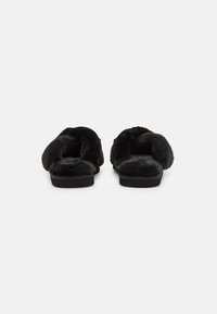 Black fur-lined slippers with open backs, featuring a soft texture, rounded edges, and a flat sole. The design is minimalist and simple.
