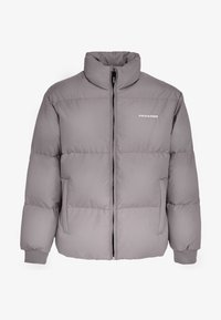 Veste grise rembourrée avec col montant, fermeture éclair à l'avant, deux poches latérales et poignets côtelés. Logo "PEGADOR" en blanc sur la poitrine gauche.