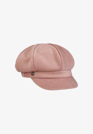 Pink textured cap with a structured design, featuring a double brim and a metal button accent. Made of woven fabric with a soft finish.