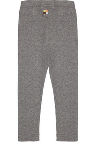 Grijze katoenen legging met een elastische tailleband en een klein, gekleurd label op de achterkant. Gladde textuur en een aansluitend ontwerp.