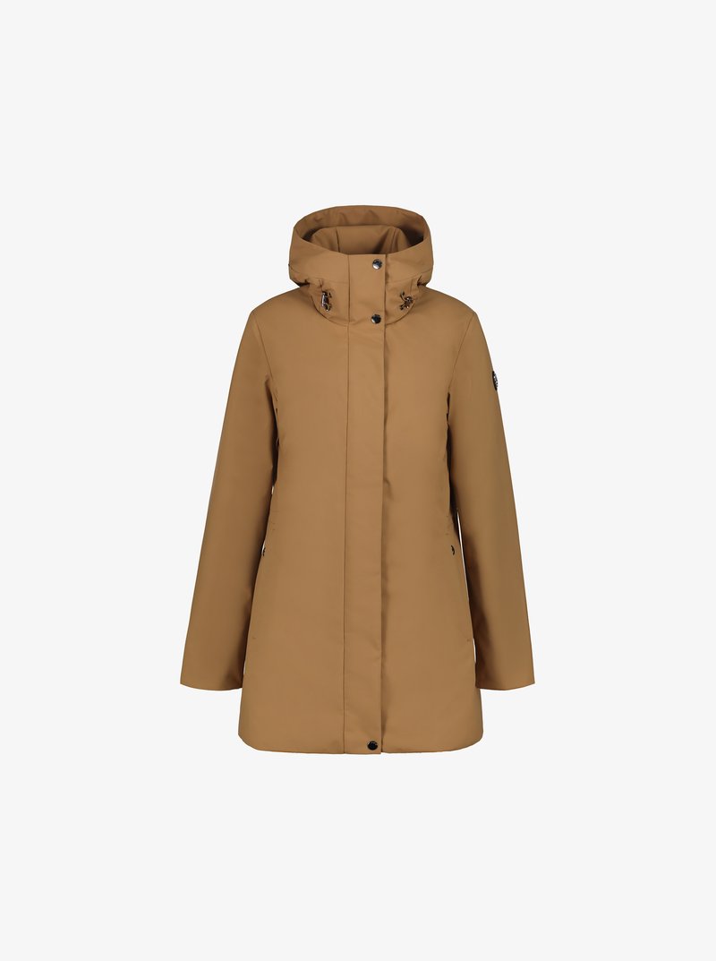 Brun vandtæt parka-jakke med hætte, der har lynlås og knaplukning i front, sidelommer og justerbare snore i hætten.