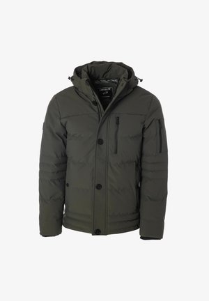 Mørkegrønne puffermantel med hætte, med knaplukning, to lynlåslommer på brystet og en mat tekstur.