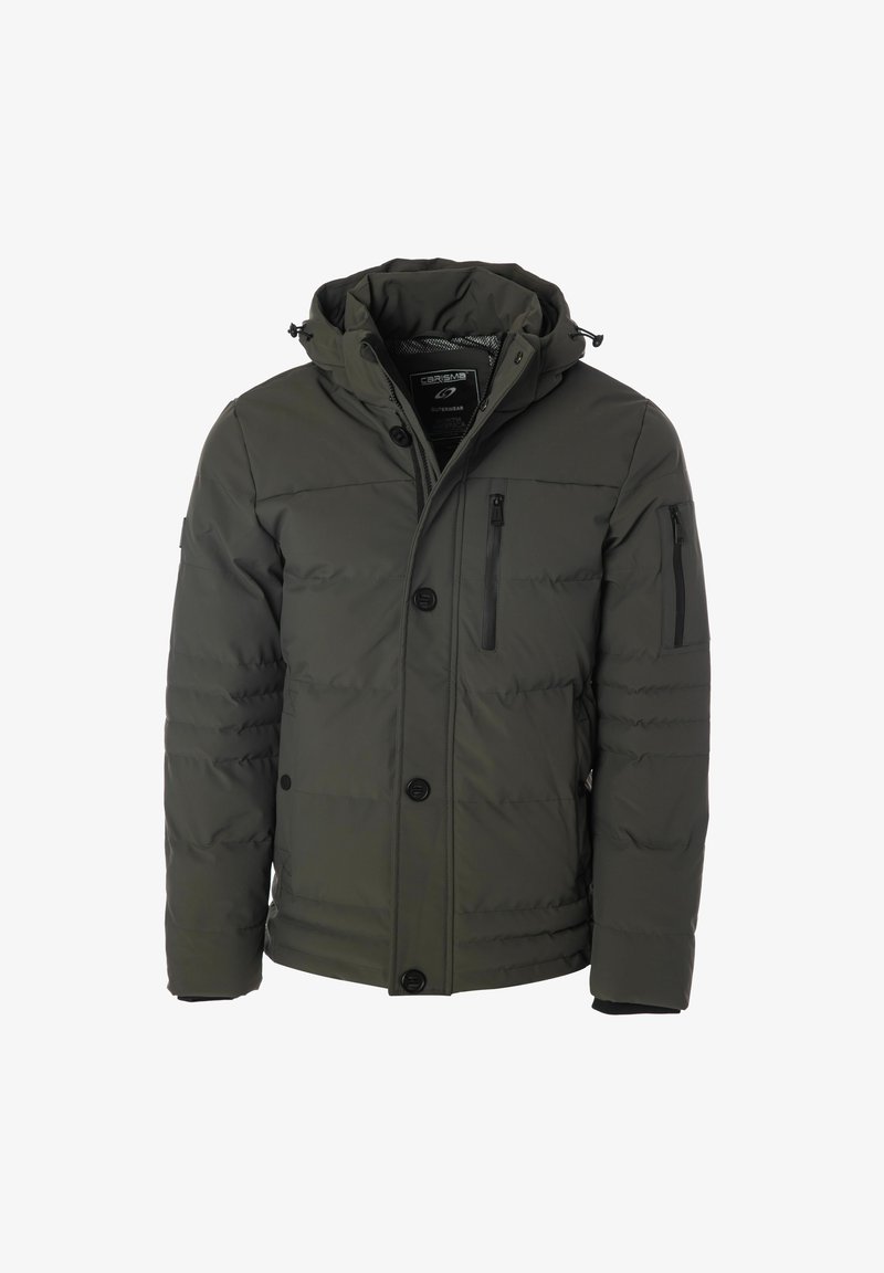 Tamnozeleni vezeni kaput s kapuljačom, s kopčanjem na dugmad, dva zatvorena džepa na prsima i mat teksturom.