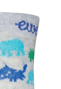 Gray socks featuring colorful dinosaur patterns in blue, teal, and green. Made of soft fabric with a ribbed texture at the top.