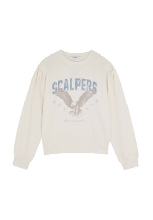 Cremefarvet sweatshirt med lange, puffede ærmer. Har et blåt ørn-grafik og "SCALPERS"-tekst, suppleret med stjerneaccenter.