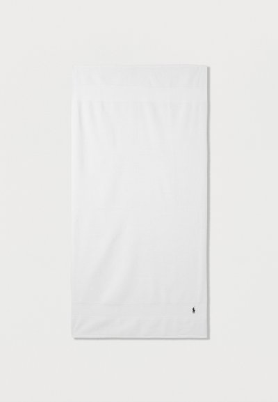 Άσπρο ορθογώνιο φουλάρι με διακριτικές λεπτομέρειες στα σύνορα και μικρό μαύρο κεντημένο λογότυπο αλόγου στην κάτω δεξιά γωνία.