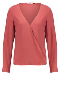 Blouse femme à manches longues corail atténué avec un col en V style cache-cœur et un tissu lisse et léger.