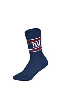 Granatowe skarpetki o prążkowanej fakturze, z czerwono-białymi poziomymi paskami i logo "ny" z boku. Długość do połowy łydki.