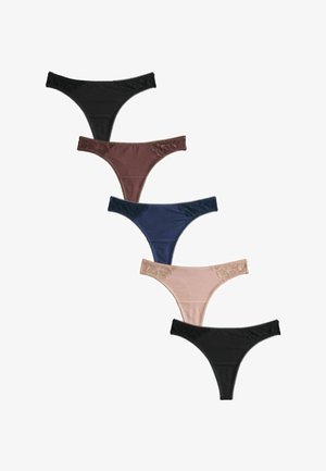 Fem kvinders trusser i sort, brun, marineblå, beige og sort, hver med blomsterblonde detaljer på siderne.