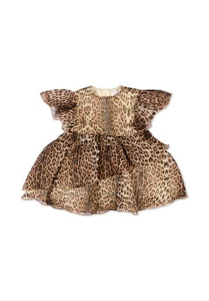 Meisjesjurk met korte mouwen, een gelaagde volantrok en luipaardprint in tinten bruin en beige.