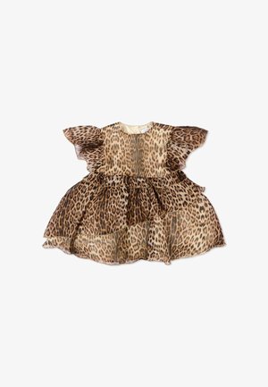 Vestido de manga corta para niñas con falda con volantes en capas y estampado de leopardo en tonos marrones y beige.